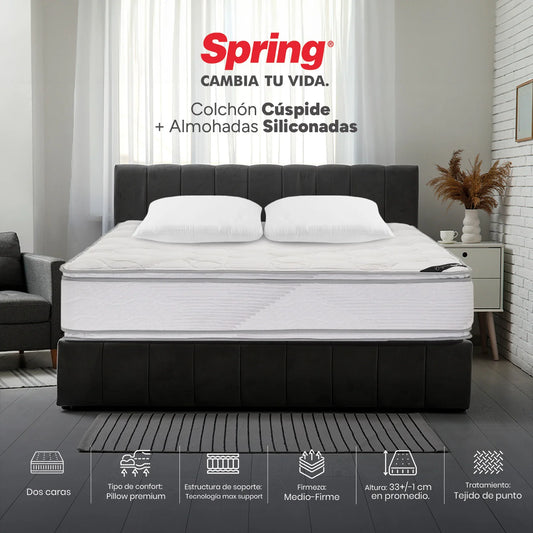 Combo Colchón Spring Cuspide-King 200X200 cm + Set Almohada Siliconada