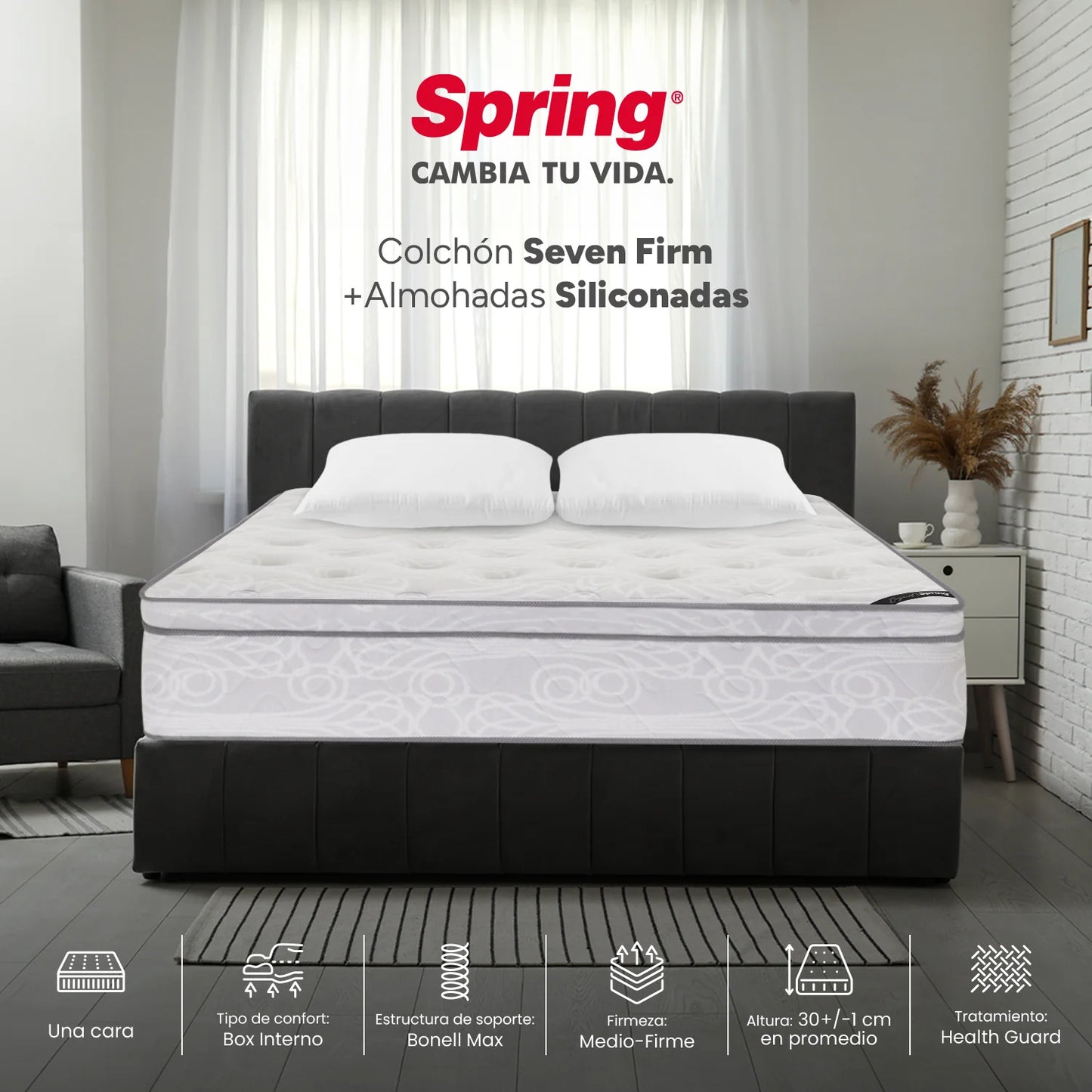 Combo Colchón Spring Seven Firm Queen 160X190 cm + Set Almohada Siliconada