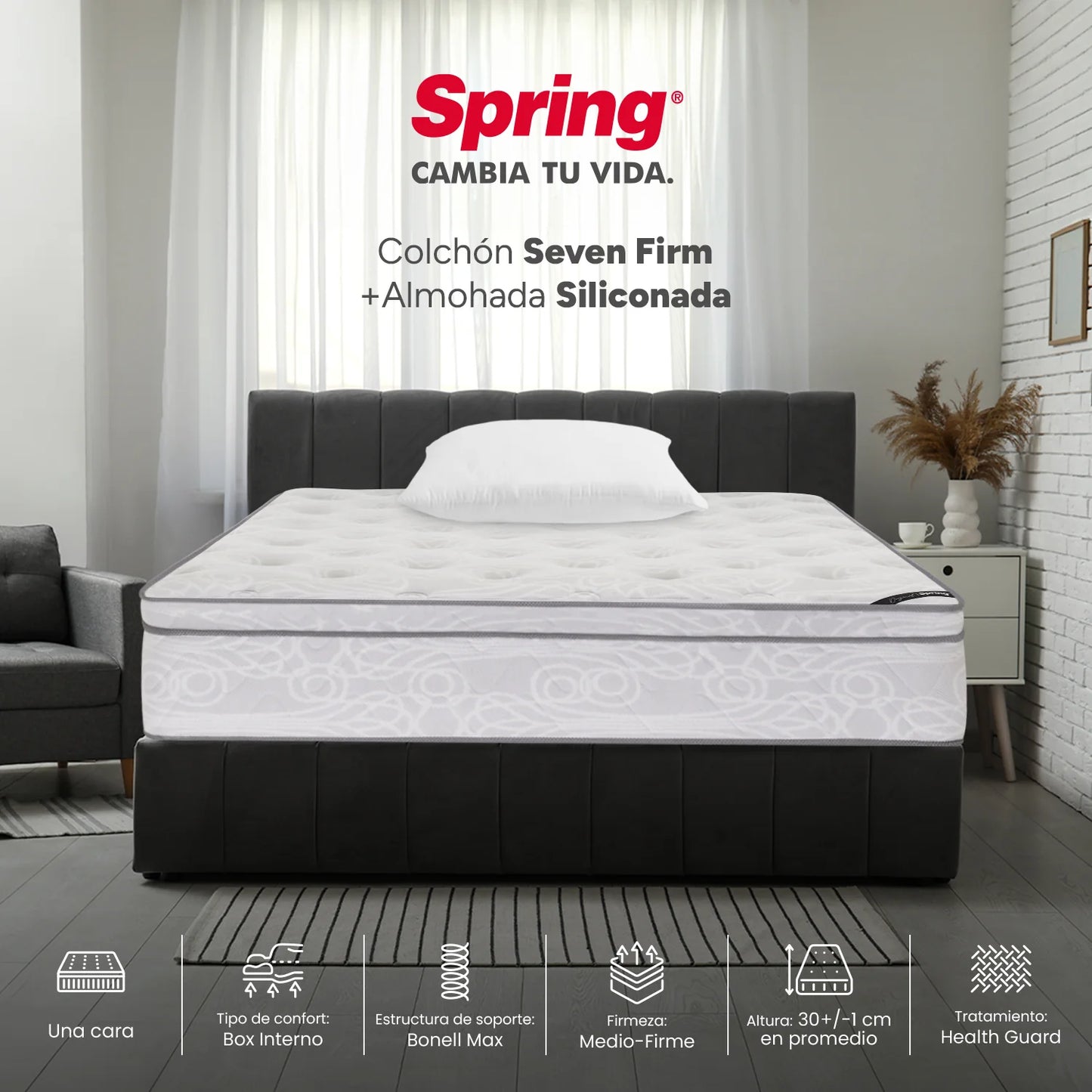 Combo Colchón Spring Seven Firm Doble 140X190 cm + Set Almohada Siliconada