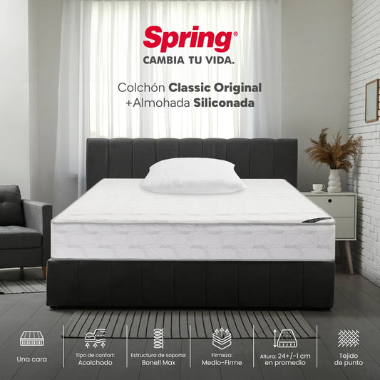 Combo Colchón Spring Classic Original Sencillo 100X190 cm + Set Almohada Siliconada