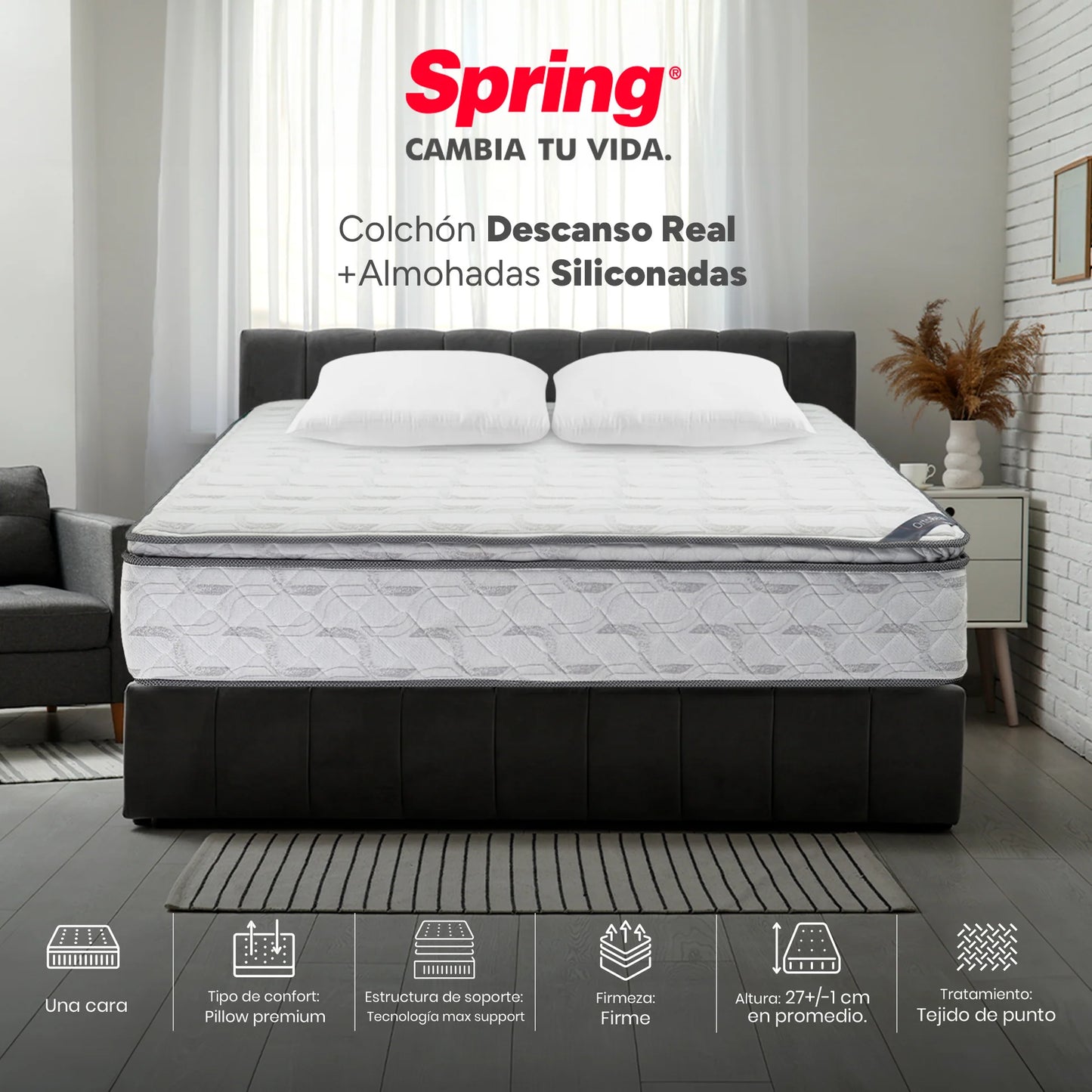 Colchón Spring Descanso Real Doble 140X190 cm + Set Almohadas Siliconadas