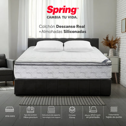 Colchón Spring Descanso Real Doble 140X190 cm + Set Almohadas Siliconadas