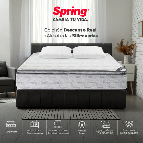 Colchón Spring Descanso Real Doble 140X190 cm + Set Almohadas Siliconadas