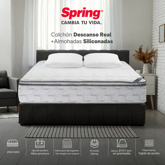 Colchón Spring Descanso Real Doble 140X190 cm + Set Almohadas Siliconadas