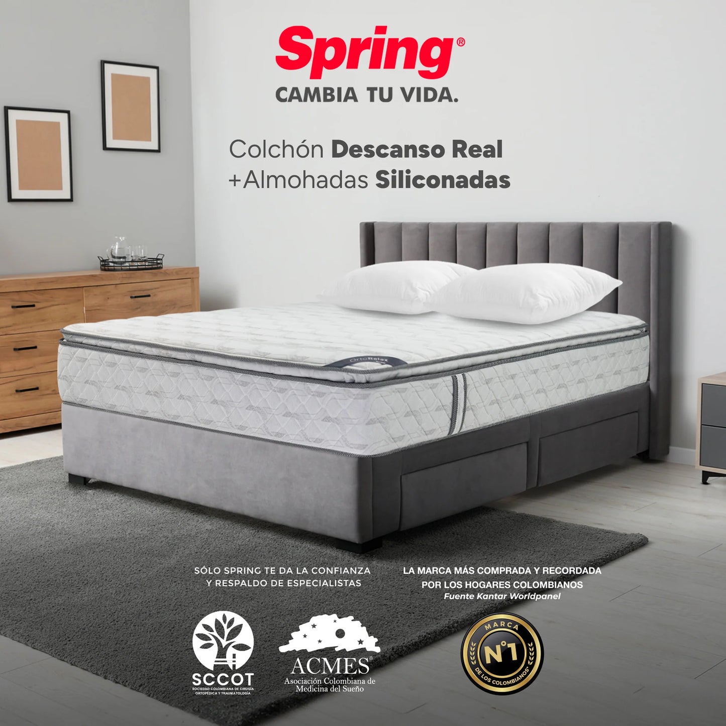 Colchón Spring Descanso Real Doble 140X190 cm + Set Almohadas Siliconadas