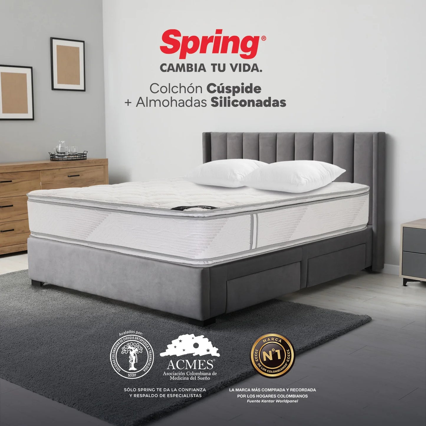 Combo Colchón Spring Cuspide-Doble 140X190 cm + Set Almohada Siliconada