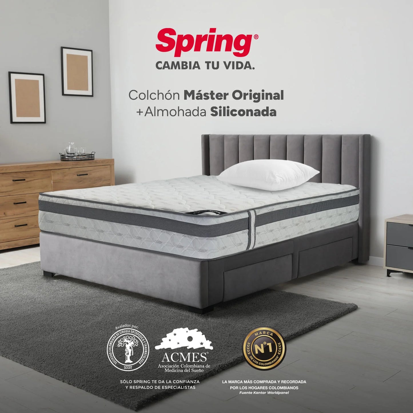 Combo Colchón Spring Master Original Queen 160X190 cm + Set Almohada Siliconada