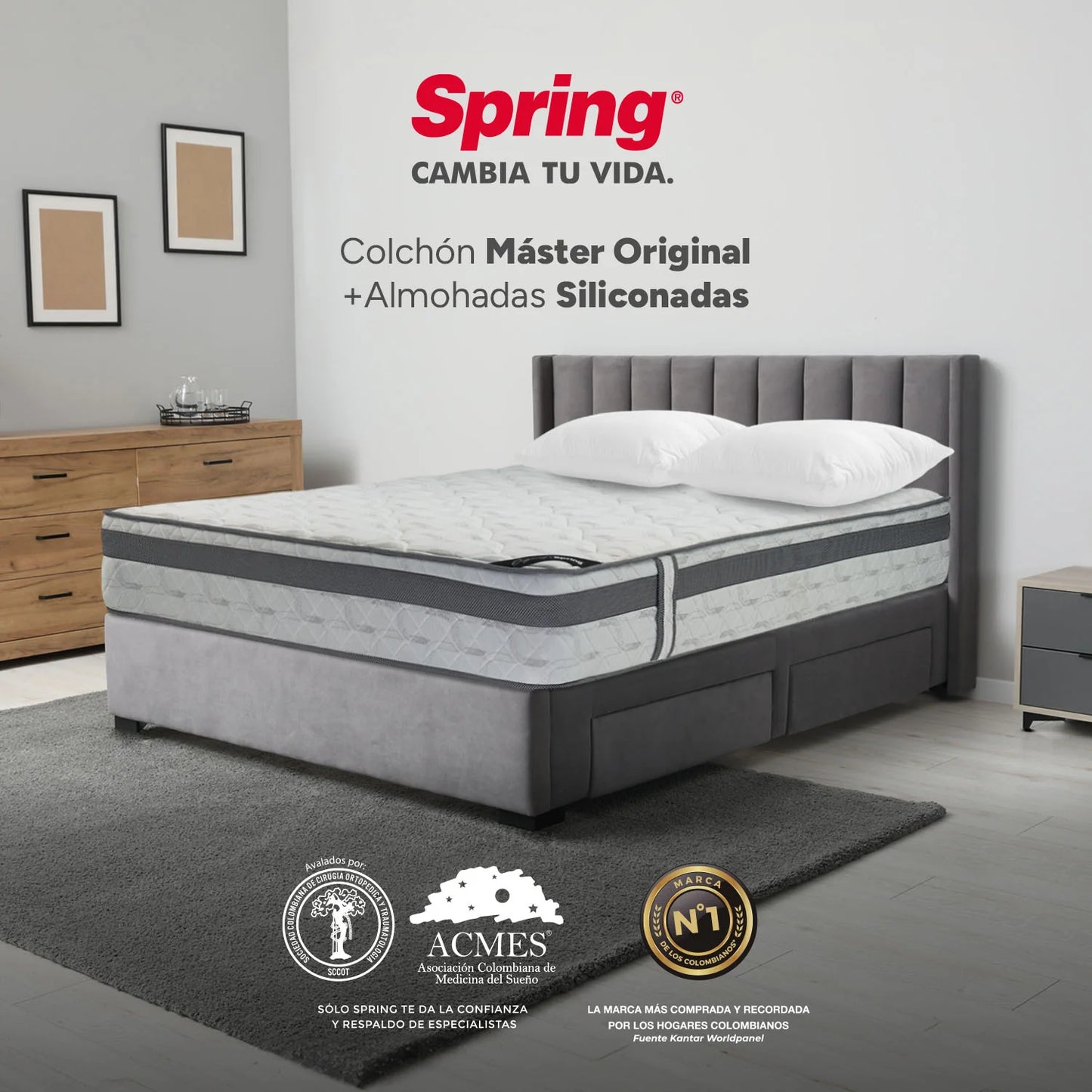Combo Colchón Spring Master Original King 200X200 cm + Set Almohada Siliconada