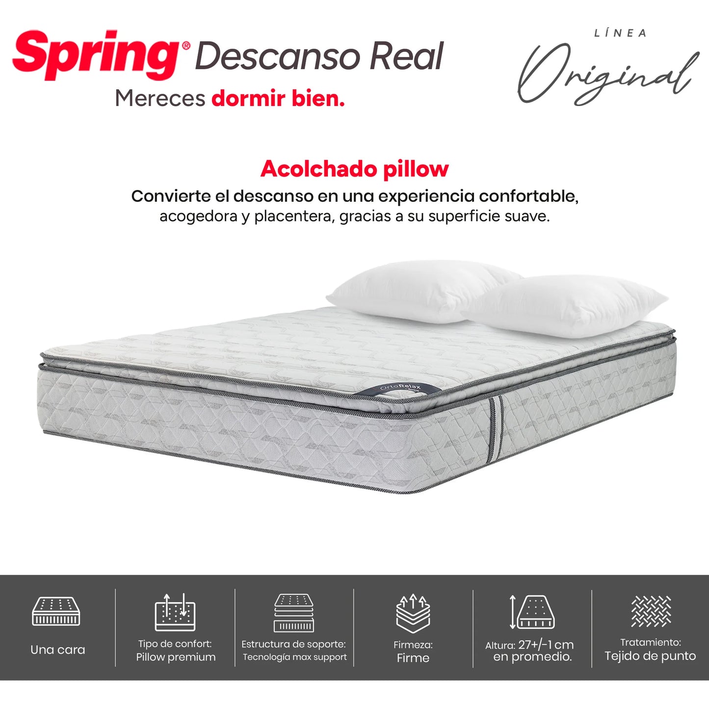 Colchón Spring Descanso Real Doble 140X190 cm + Set Almohadas Siliconadas