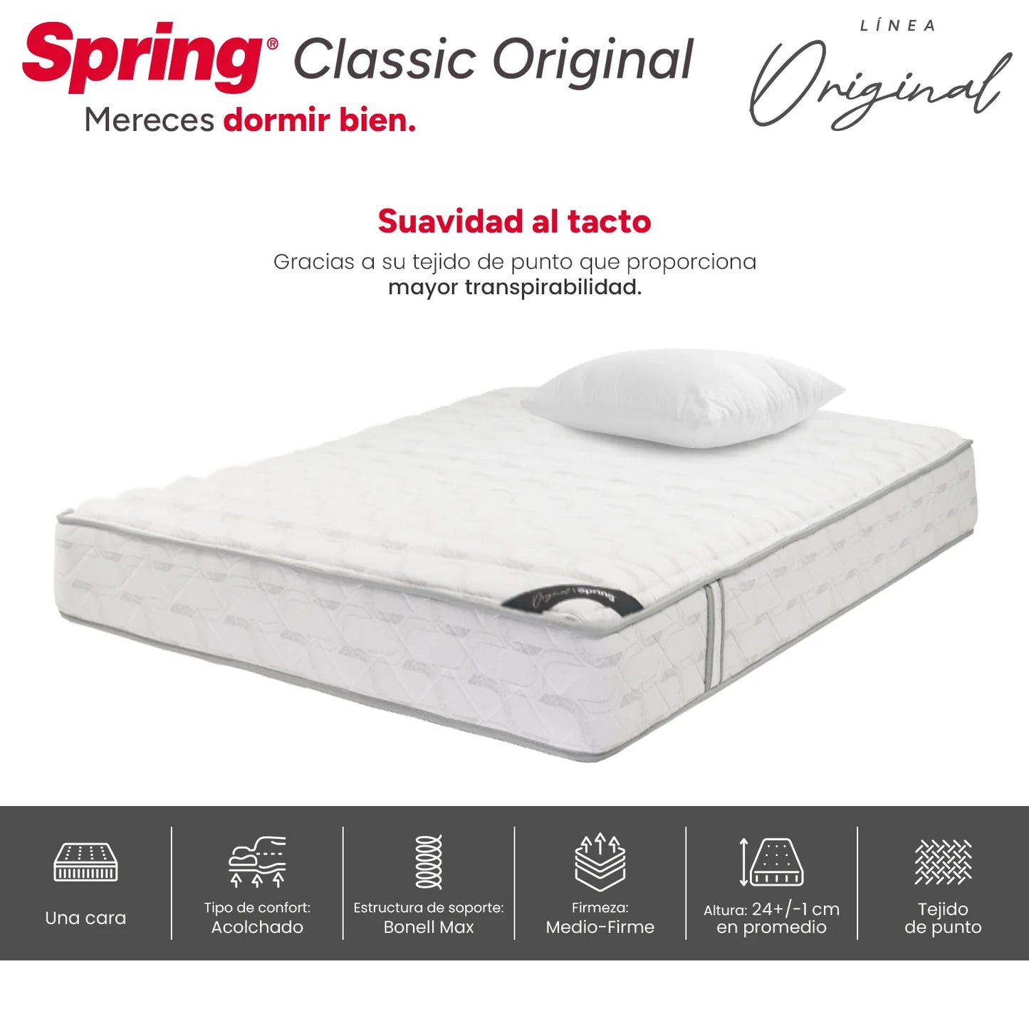 Combo Colchón Spring Classic Original Sencillo 100X190 cm + Set Almohada Siliconada