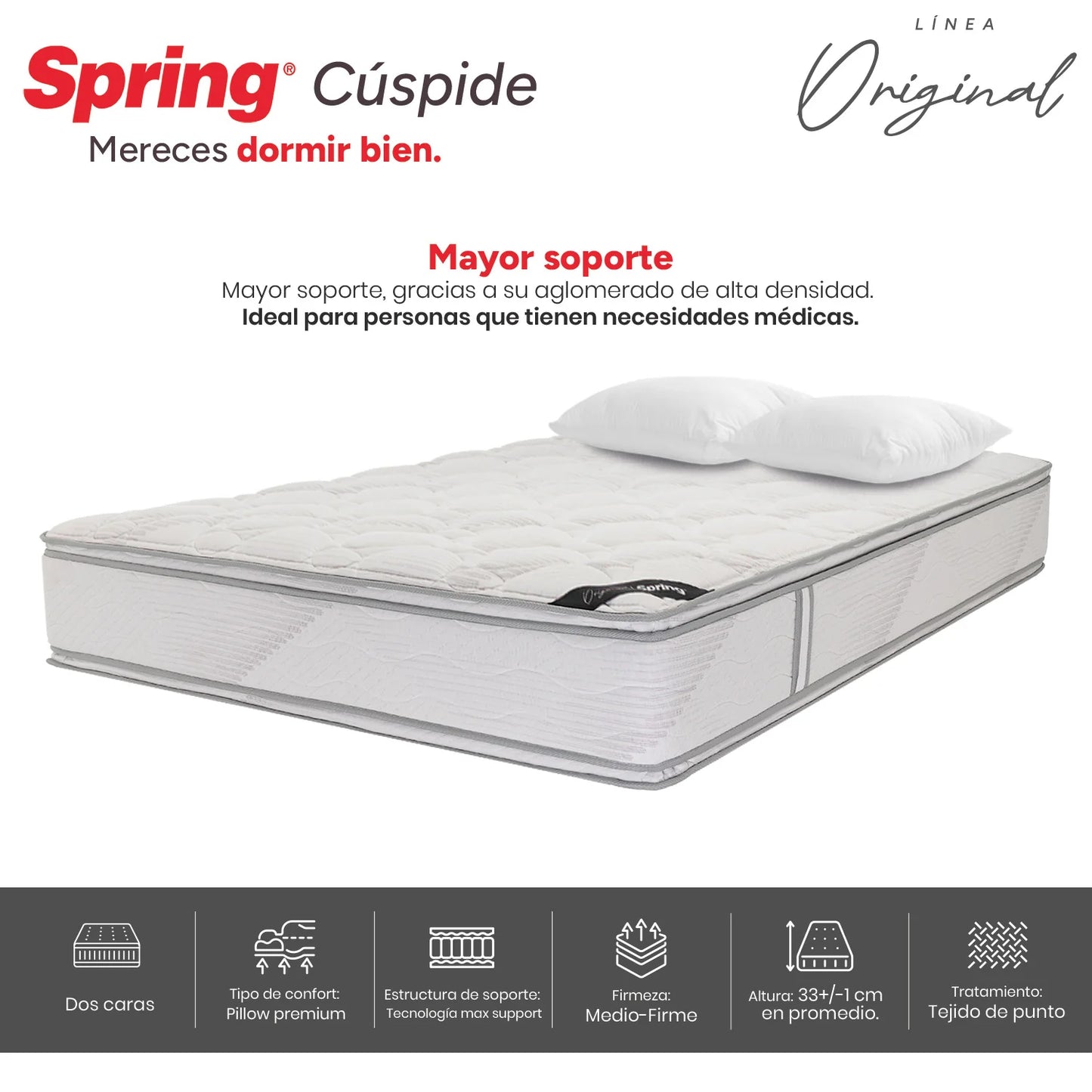 Combo Colchón Spring Cuspide-Doble 140X190 cm + Set Almohada Siliconada