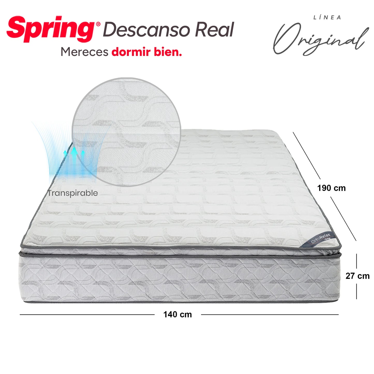 Colchón Spring Descanso Real Doble 140X190 cm + Set Almohadas Siliconadas