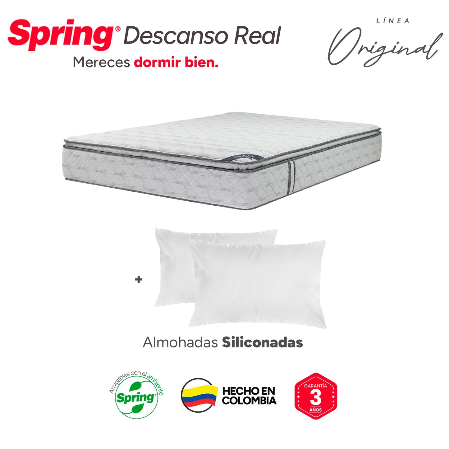 Colchón Spring Descanso Real Doble 140X190 cm + Set Almohadas Siliconadas