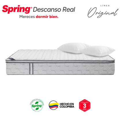 Colchón Spring Descanso Real Doble 140X190 cm + Set Almohadas Siliconadas