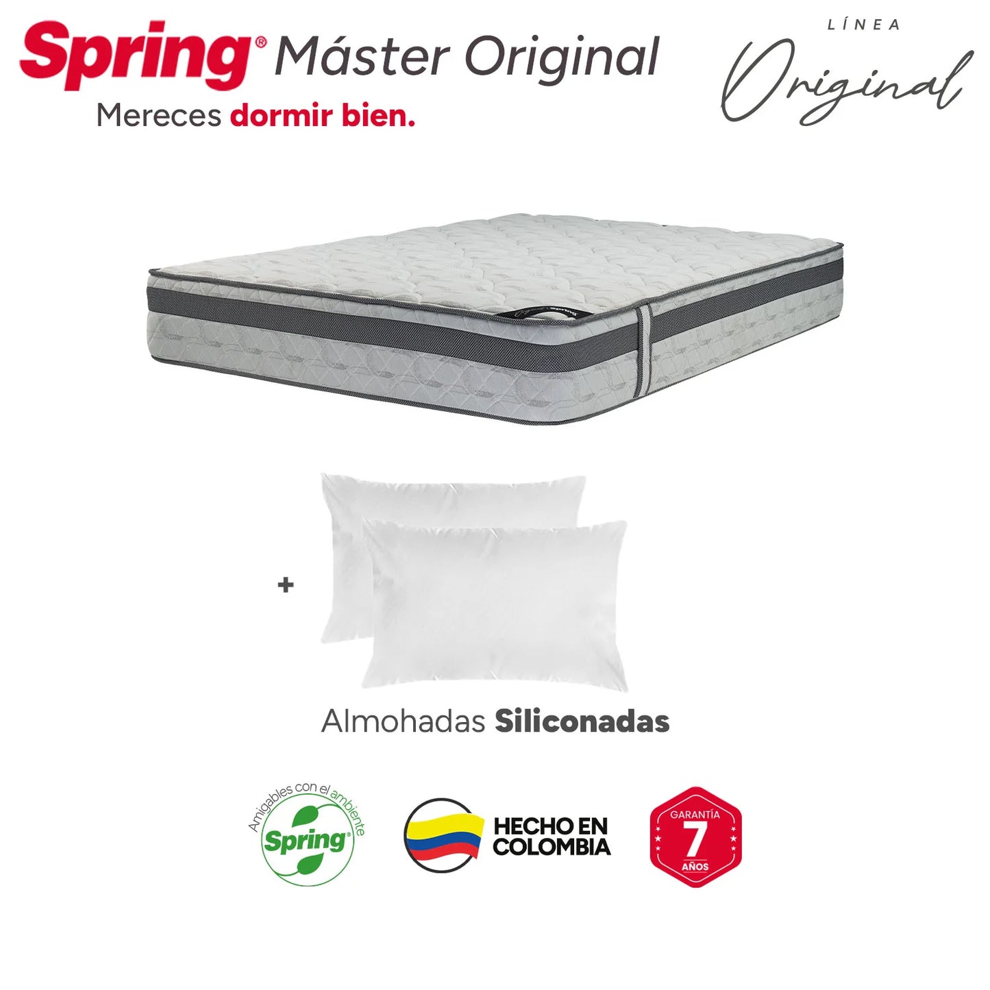 Combo Colchón Spring Master Original King 200X200 cm + Set Almohada Siliconada