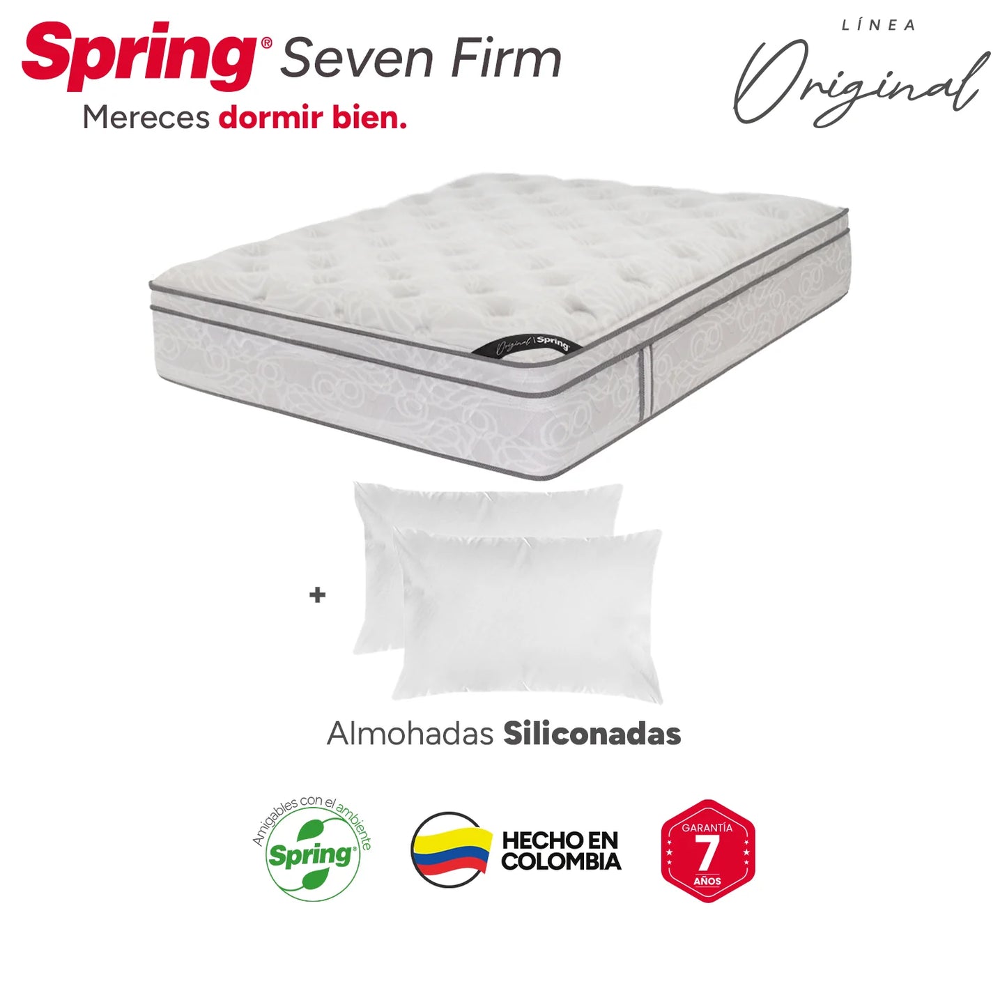 Combo Colchón Spring Seven Firm Queen 160X190 cm + Set Almohada Siliconada