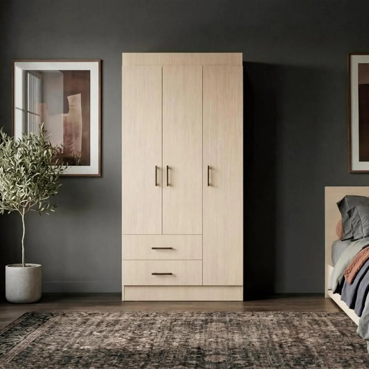 Clóset Houston , Cartagena y Wengue , con Tres Puertas Batientes y Dos Cajones con Amplio Espacio de Almacenamiento