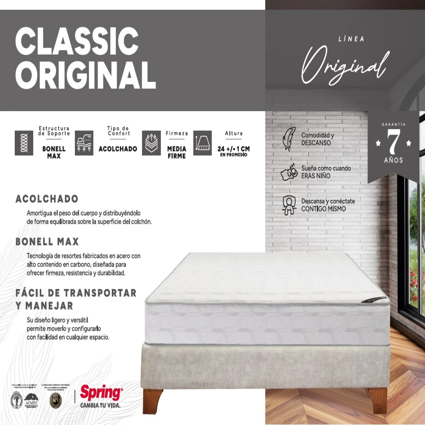 Combo Colchón Spring Classic Original Sencillo 100X190 cm + Set Almohada Siliconada