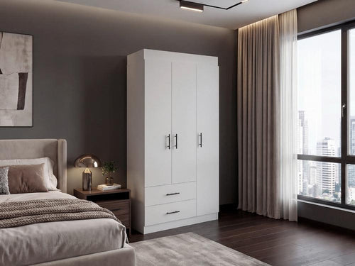 Closet Houston, Blanco Duqueza, Con Tres Puertas Batientes y Dos Cajones Con Amplio Espacio De Almacenamiento