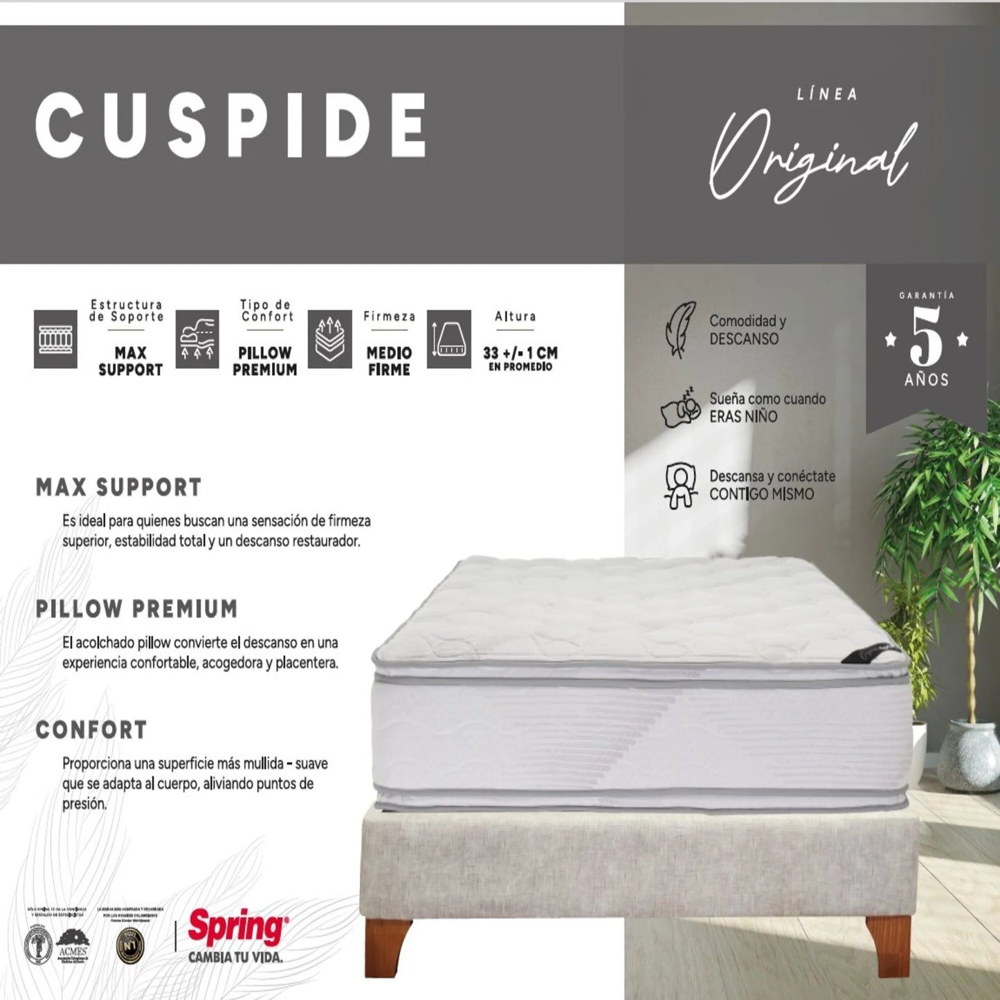 Combo Colchón Spring Cuspide-Doble 140X190 cm + Set Almohada Siliconada