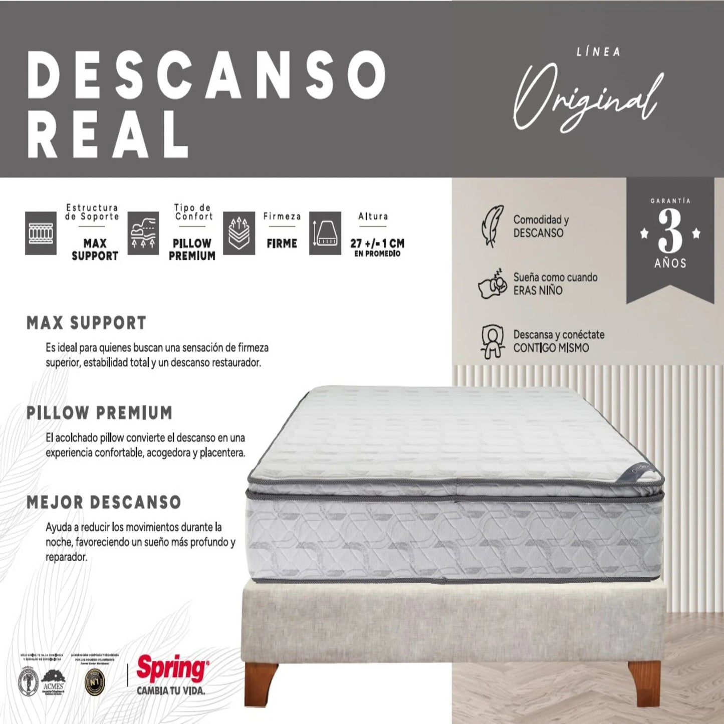 Colchón Spring Descanso Real Doble 140X190 cm + Set Almohadas Siliconadas