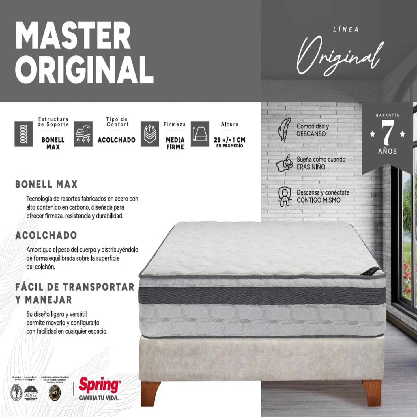 Combo Colchón Spring Master Original Doble 140X190 cm + Set Almohada Siliconada
