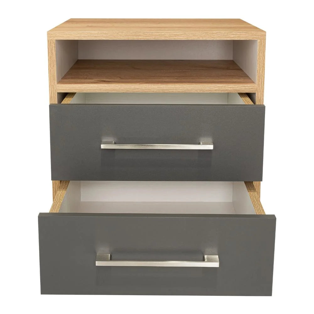 Mesa de Noche Douglas, Beige y Plata Oscuro, con un Entrepaño Superior y Dos Cajones Organizadores