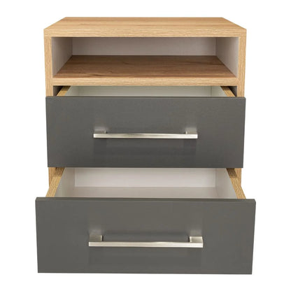 Mesa de Noche Douglas, Beige y Plata Oscuro, con un Entrepaño Superior y Dos Cajones Organizadores