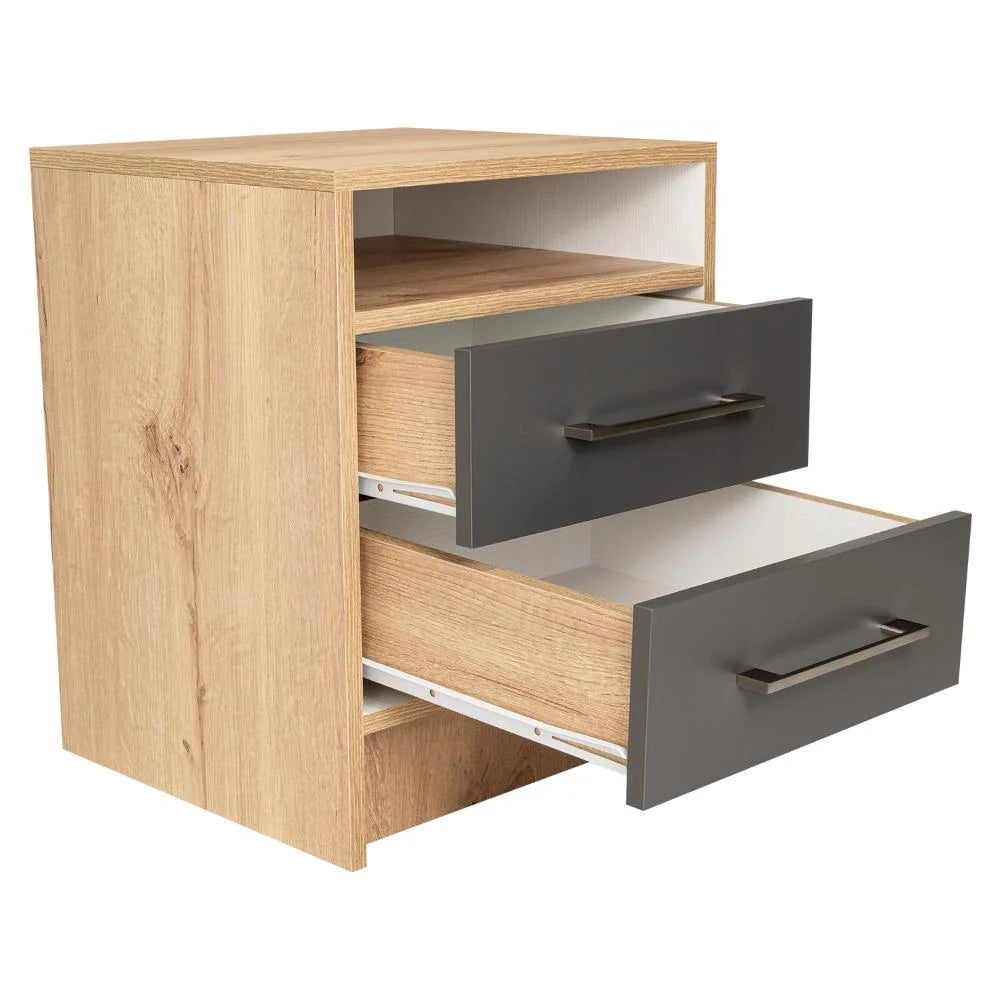 Mesa de Noche Douglas, Beige y Plata Oscuro, con un Entrepaño Superior y Dos Cajones Organizadores