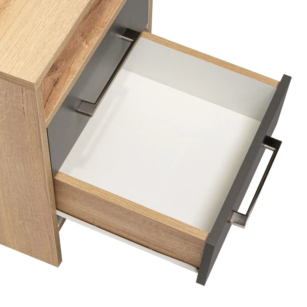 Mesa de Noche Douglas, Beige y Plata Oscuro, con un Entrepaño Superior y Dos Cajones Organizadores