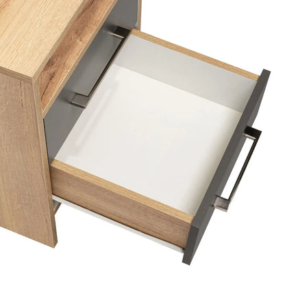 Mesa de Noche Douglas, Beige y Plata Oscuro, con un Entrepaño Superior y Dos Cajones Organizadores