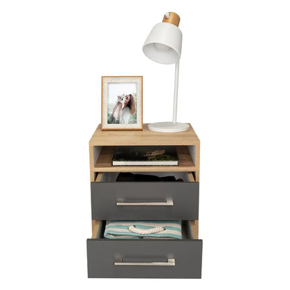 Mesa de Noche Douglas, Beige y Plata Oscuro, con un Entrepaño Superior y Dos Cajones Organizadores