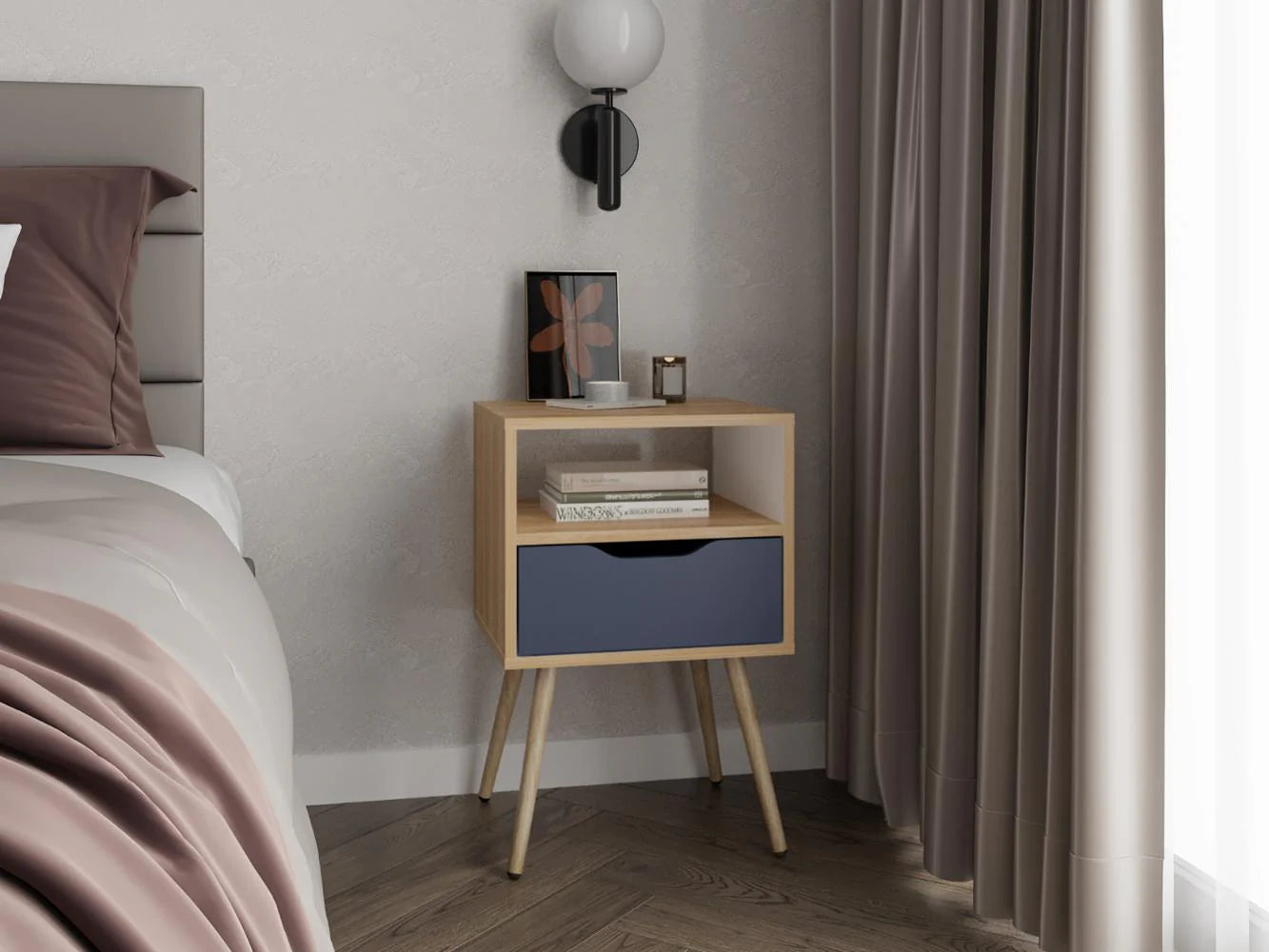 Mesa de Noche Alesio, Fresno Europeo y Blanco Kronos Azul, con Patas en Madera y un Cajón