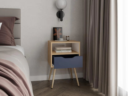 Mesa de Noche Alesio, Fresno Europeo y Blanco Kronos Azul, con Patas en Madera y un Cajón