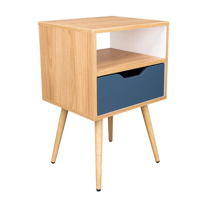 Mesa de Noche Alesio, Fresno Europeo y Blanco Kronos Azul, con Patas en Madera y un Cajón