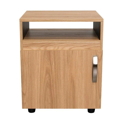 Mesa de Noche Barin, Fresno Europeo y Wengue, con una Puerta Abatible
