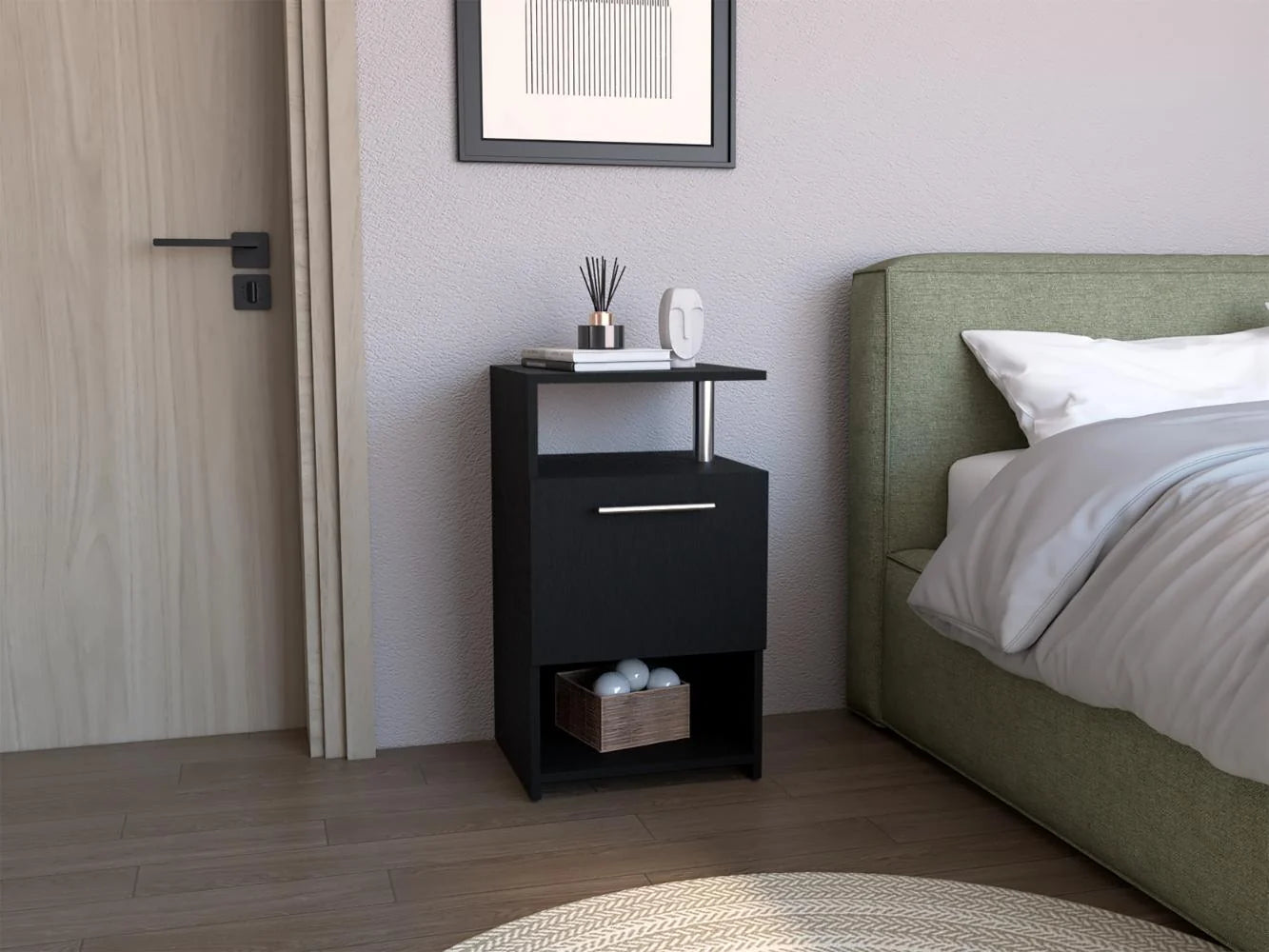 Mesa de Noche Alta Jena, Wengue, con Cajón para Guardar Objetos