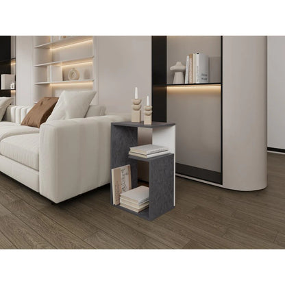 Mesa Auxiliar Evert, Piedra y Blanco Duqueza, con Diseño Moderno y Espacio para Ubicar Objetos ZF