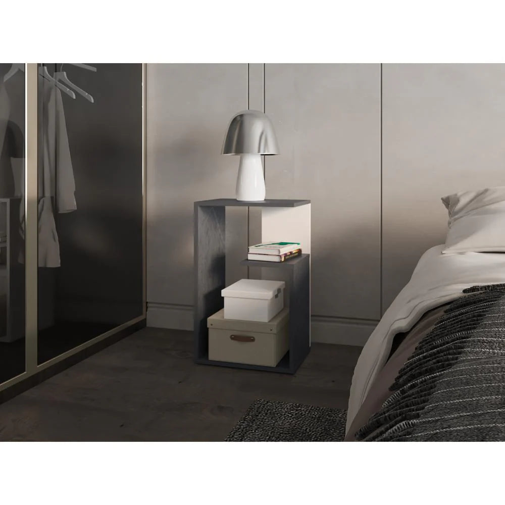 Mesa Auxiliar Evert, Piedra y Blanco Duqueza, con Diseño Moderno y Espacio para Ubicar Objetos ZF