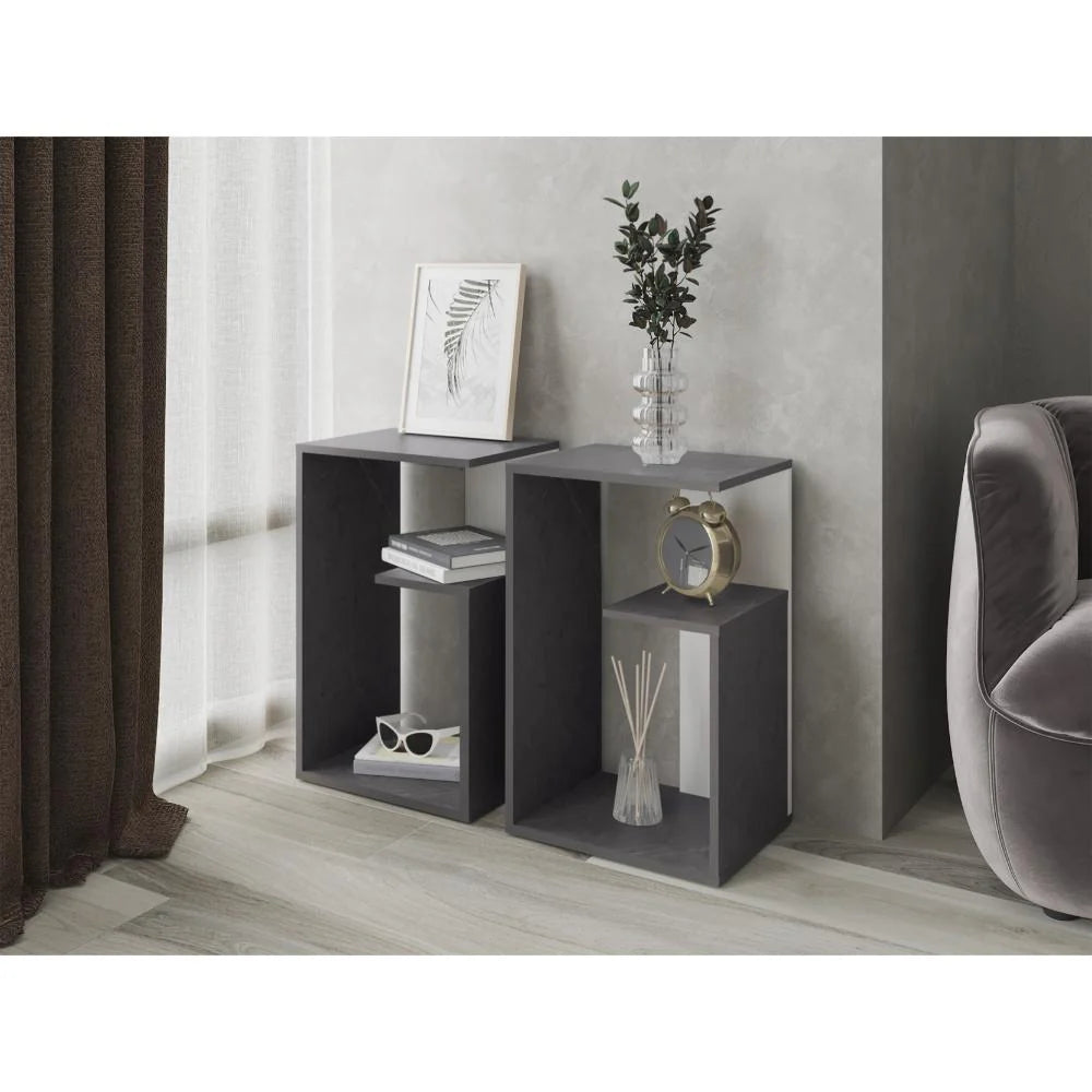 Mesa Auxiliar Evert, Piedra y Blanco Duqueza, con Diseño Moderno y Espacio para Ubicar Objetos ZF