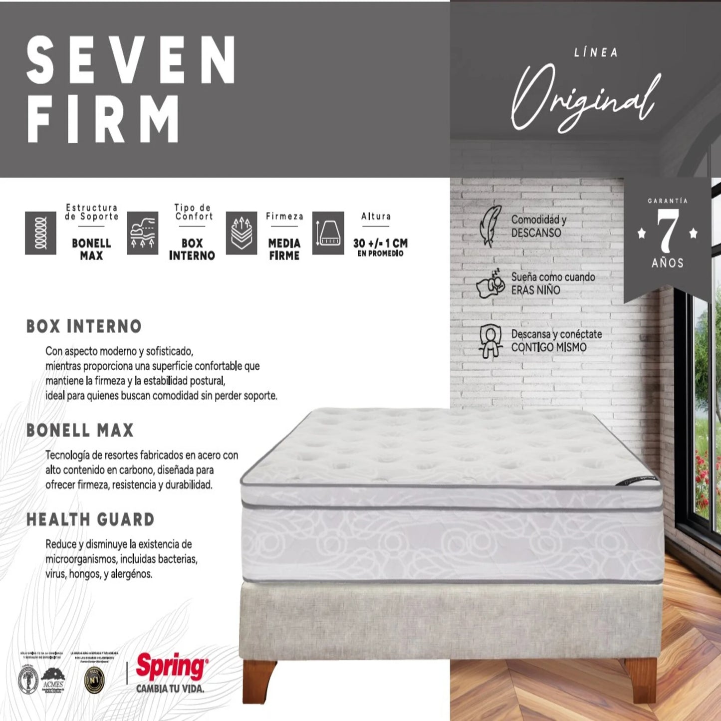 Combo Colchón Spring Seven Firm Doble 140X190 cm + Set Almohada Siliconada