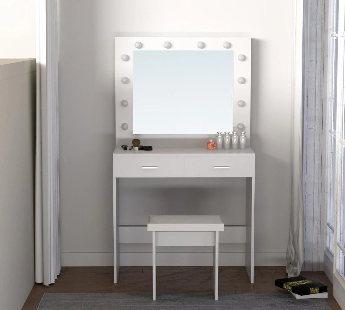 Tocador con Luces LED Bella, Blanco Mate, Incluye la Silla