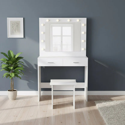 Tocador con Luces LED Bella, Blanco Mate, Incluye la Silla
