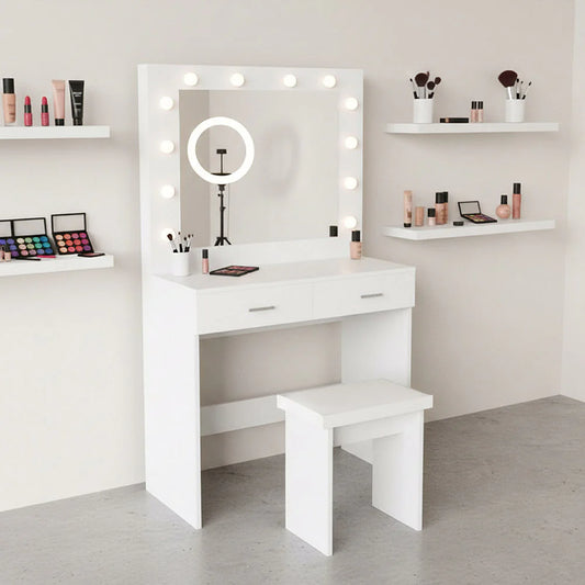 Tocador con Luces LED Bella, Blanco Mate, Incluye la Silla