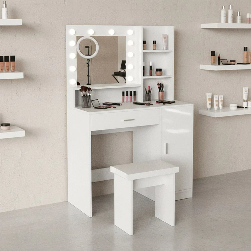 Tocador con Luces LED Aura, Blanco Mate, Incluye la Silla