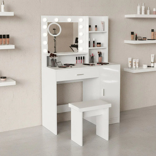 Tocador con Luces LED Aura, Blanco Mate, Incluye la Silla