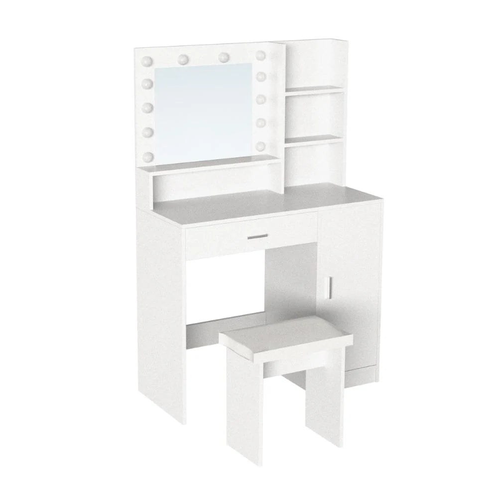 Tocador con Luces LED Aura, Blanco Mate, Incluye la Silla