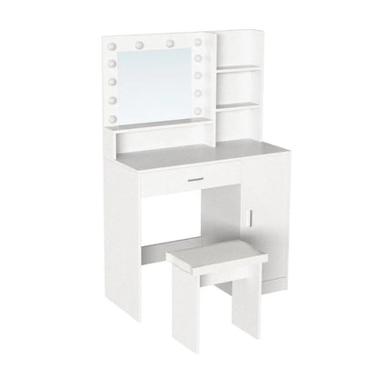 Tocador con Luces LED Aura, Blanco Mate, Incluye la Silla