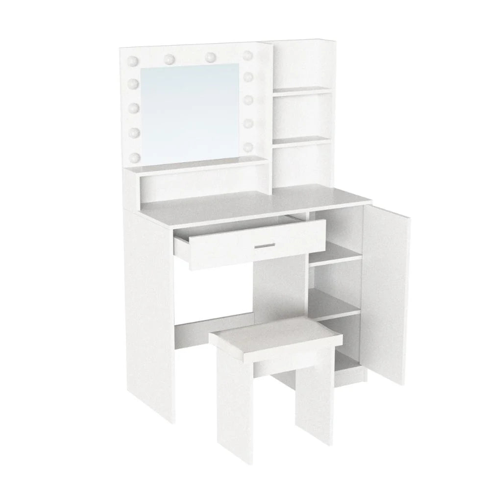Tocador con Luces LED Aura, Blanco Mate, Incluye la Silla
