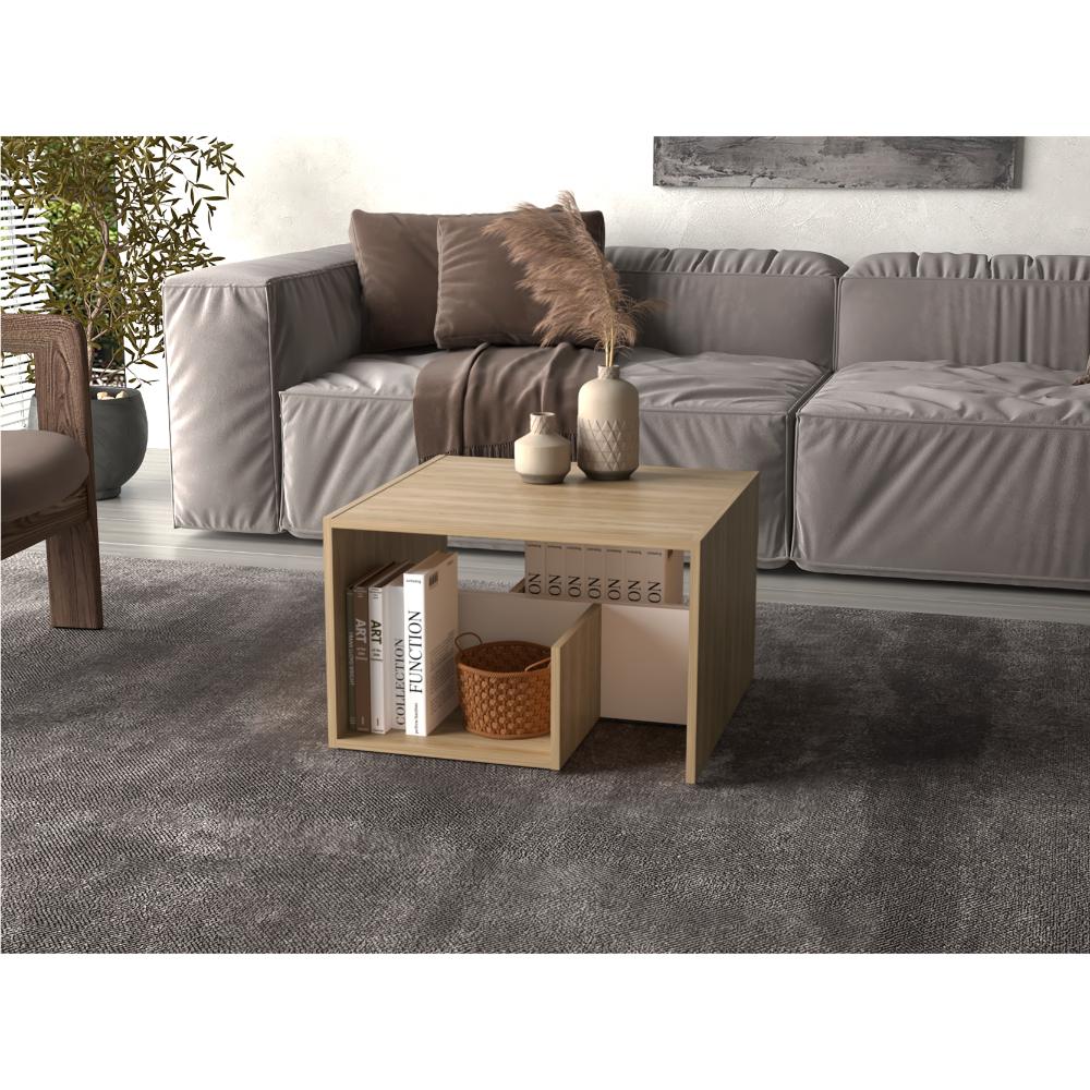 Mesa Auxiliar Evert, Fresno Europeo y Blanco, con Diseño Moderno y Espacio para Ubicar Objetos